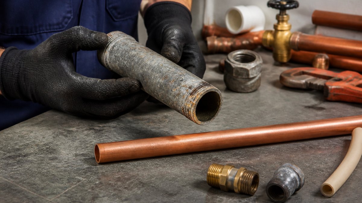 Plumber holding corroded galvanized steel pipe next to new copper to address common plumbing issues