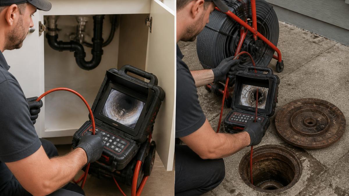Plumber using a sewer camera to inspect pipes for recurring sewer backups and cracks